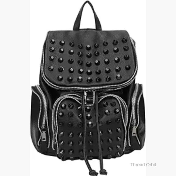 Handbags - Leather Flap Rivet Backpack Unisex Daypack with Adjustable Straps